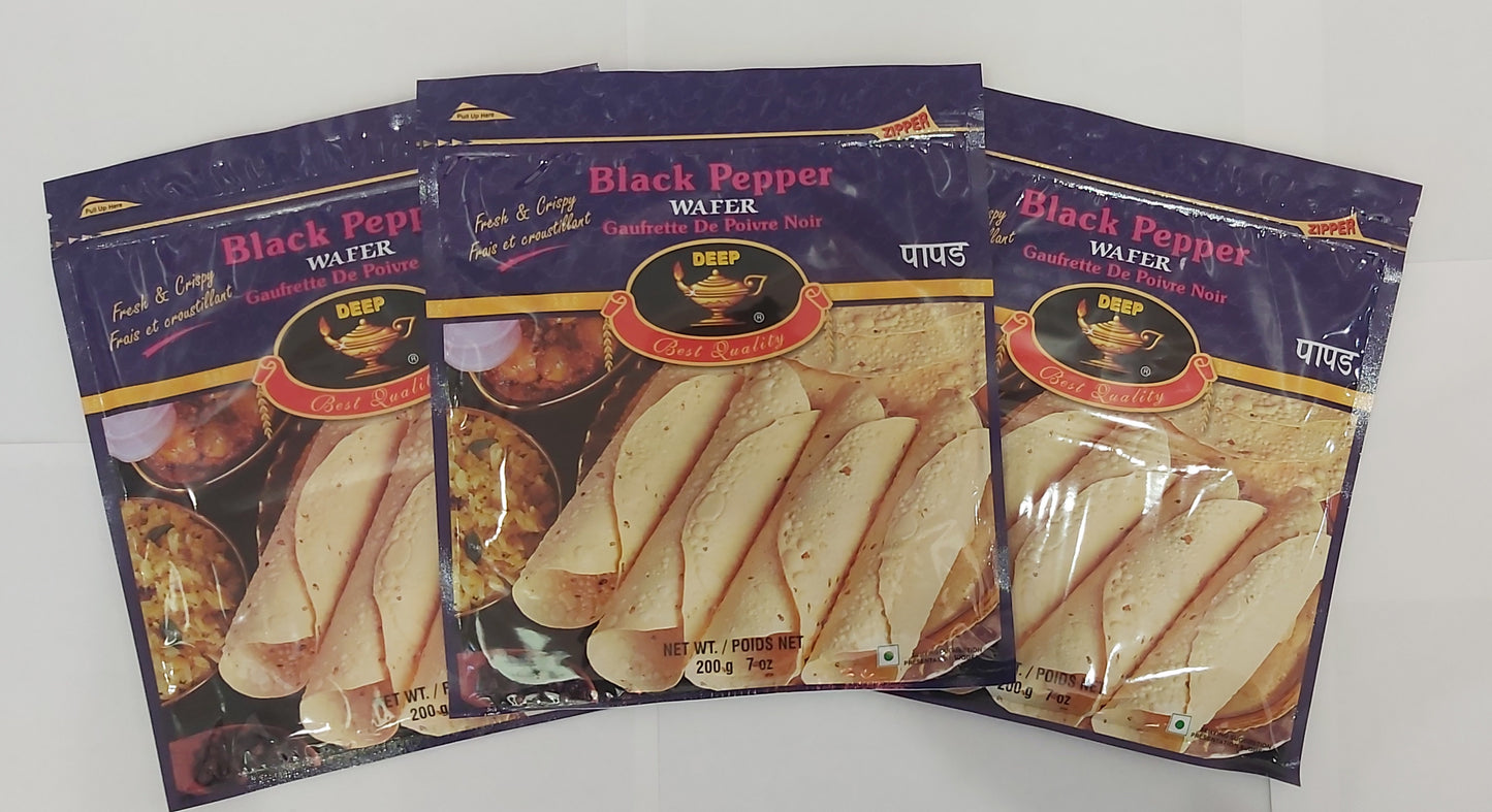 Deep Black Pepper Wafer (Papad) - 3 Pack - 200g each