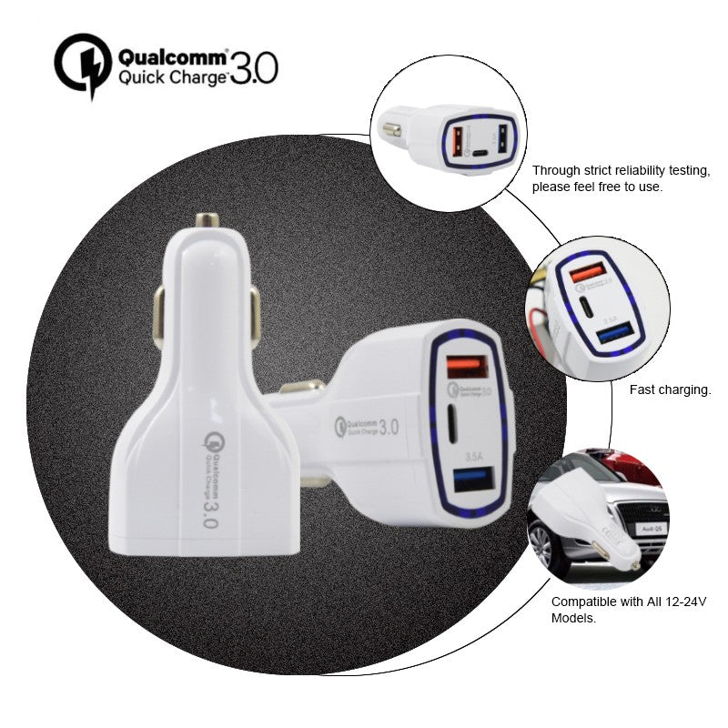 18W PD QC 3.0 2 USB A + 1 USB C Fast Charging Car Plug