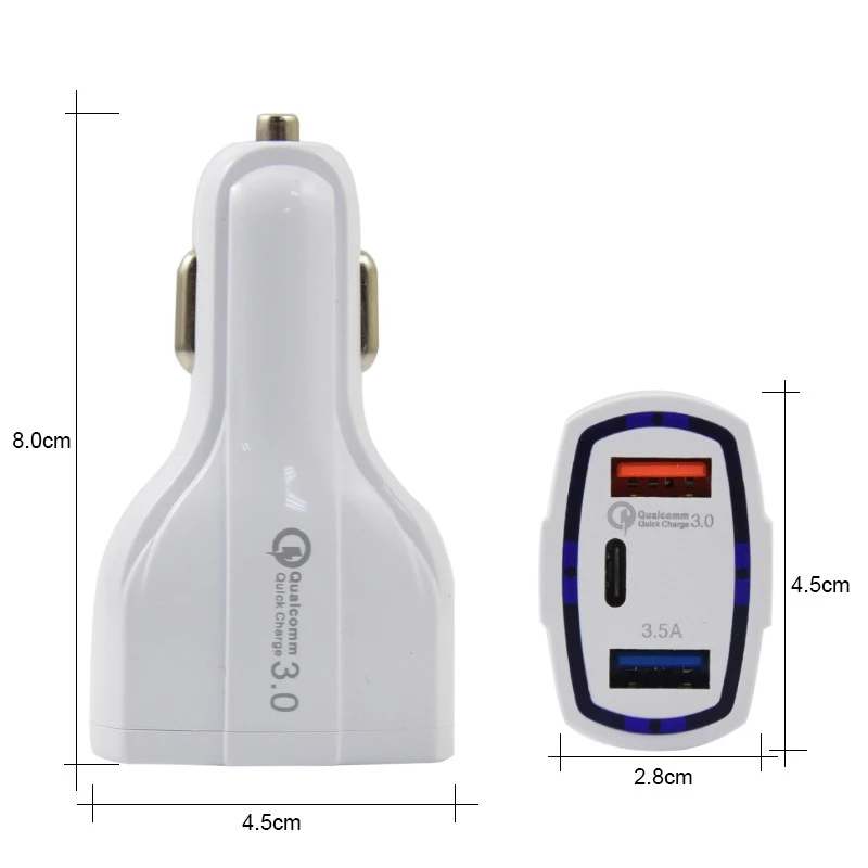 18W PD QC 3.0 2 USB A + 1 USB C Fast Charging Car Plug