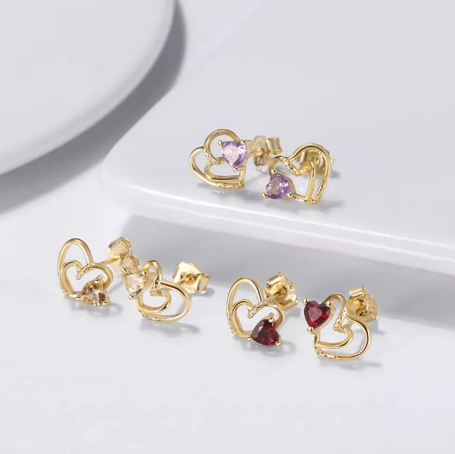 925 Sterling Silver -Original Natural Stone Garnet Earrings Sterling Silver Gemstone Jewelry- Heart Shape (Natural Aythest-Purple)