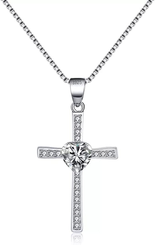 925 Sterling Silver Cross Pendant Necklace for Women -Cubic Zirconia at Center- Pendant with 1MM Box Chain, Sterling silver+AAA CZ+pearl