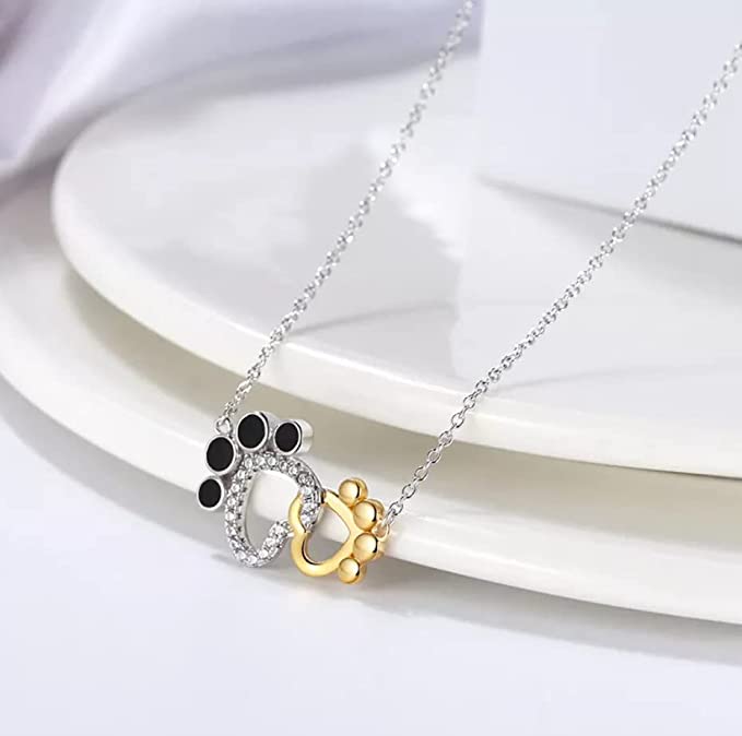 925 Sterling Silver Necklace Cute Dog Paws with 2 Color Paws Nice Pendant for Women & Girls Dog Owner Personalised Jewelry 18", Gift for Dog Owner