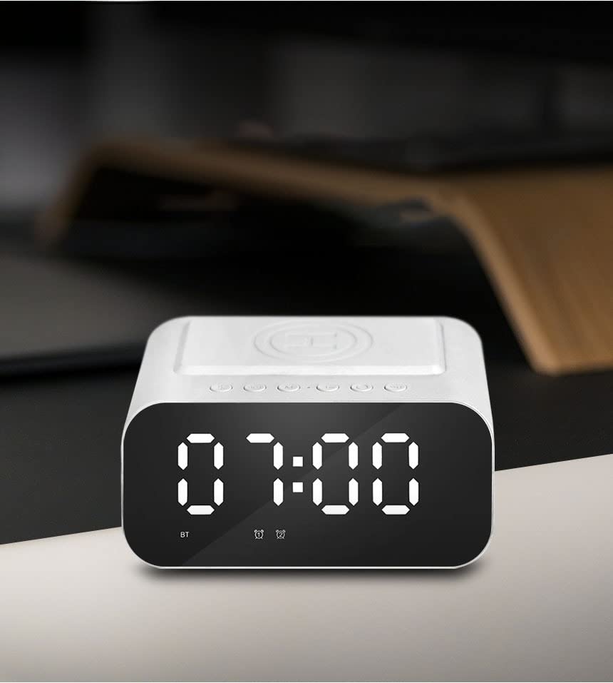 Digital Alarm Clock,Bluetooth Speaker,FM & 10W Fast Wireless Charger Station & USB C Charging Port with Aux Input,Temperature Display with Handsfree Call Functions,White,BT510