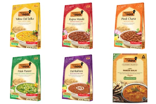 Kitchens of India Heat & Eat, Dinner Variety Pack,(Pack of 6),Dal Bukhara, Pindi Chana,Malai Paneer,Rajama Masala, Palak Paneer,Yellow Dal Tadka