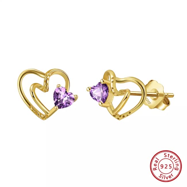 925 Sterling Silver -Original Natural Stone Garnet Earrings Sterling Silver Gemstone Jewelry- Heart Shape (Natural Aythest-Purple)