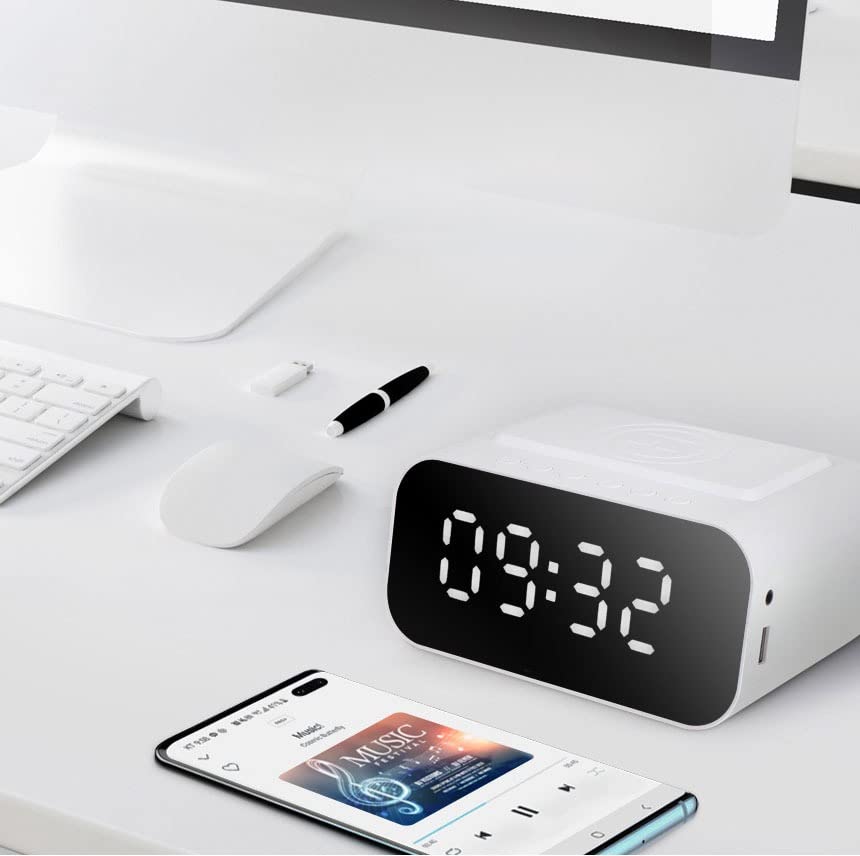 Digital Alarm Clock,Bluetooth Speaker,FM & 10W Fast Wireless Charger Station & USB C Charging Port with Aux Input,Temperature Display with Handsfree Call Functions,White,BT510