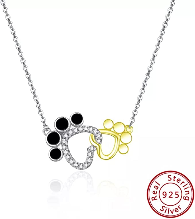 925 Sterling Silver Necklace Cute Dog Paws with 2 Color Paws Nice Pendant for Women & Girls Dog Owner Personalised Jewelry 18", Gift for Dog Owner