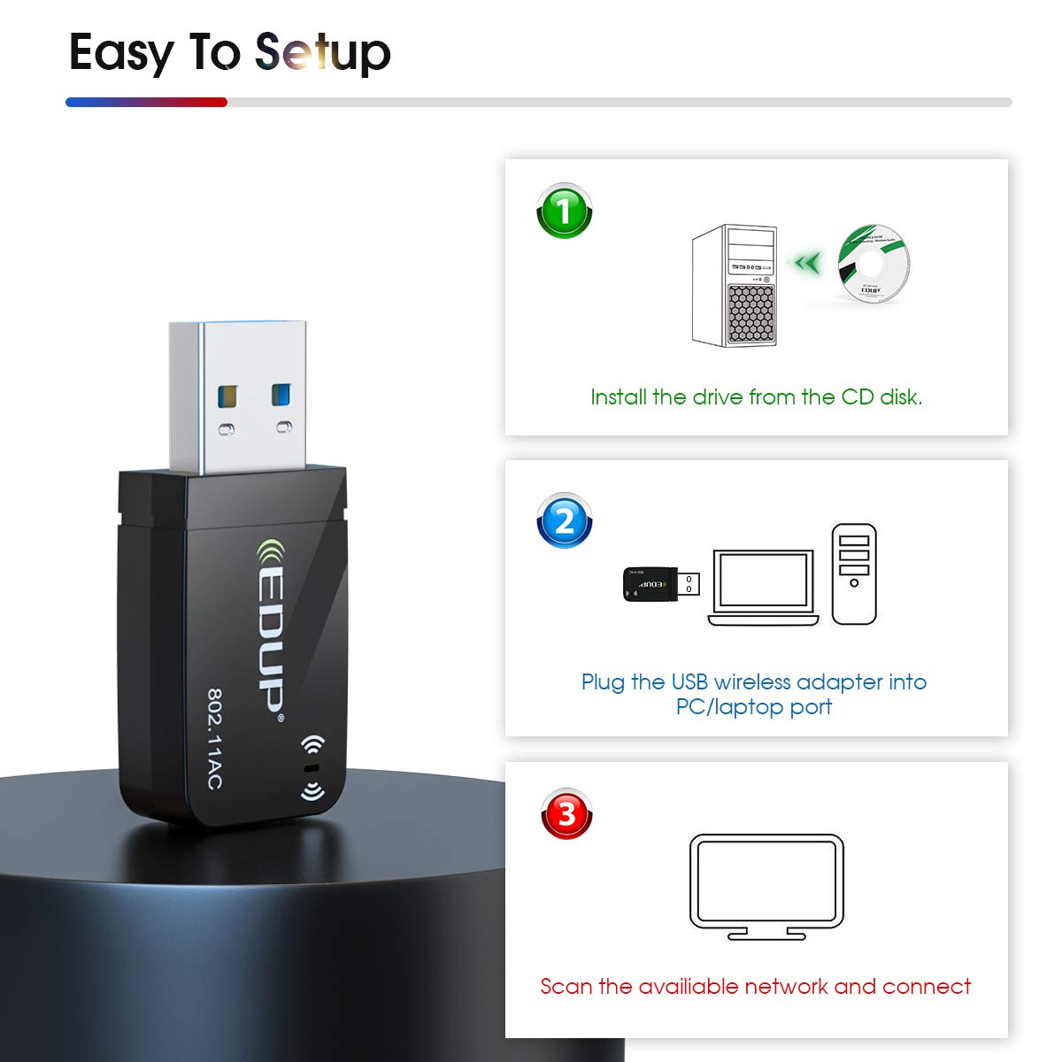 EDUP Mini WiFi Adapter (1300Mbps) with Built-in Antenna