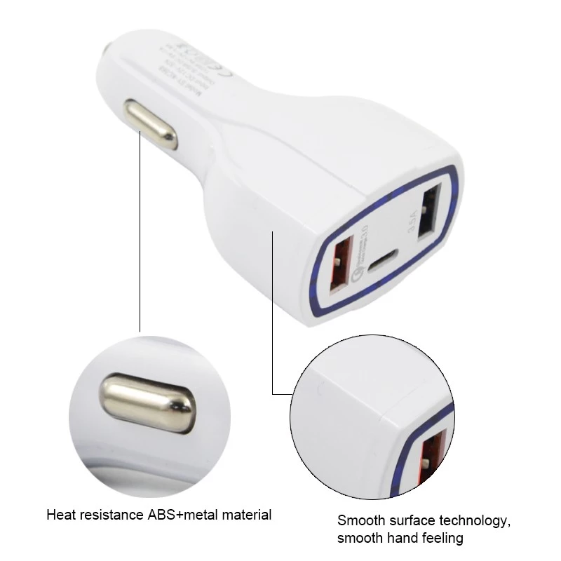 18W PD QC 3.0 2 USB A + 1 USB C Fast Charging Car Plug