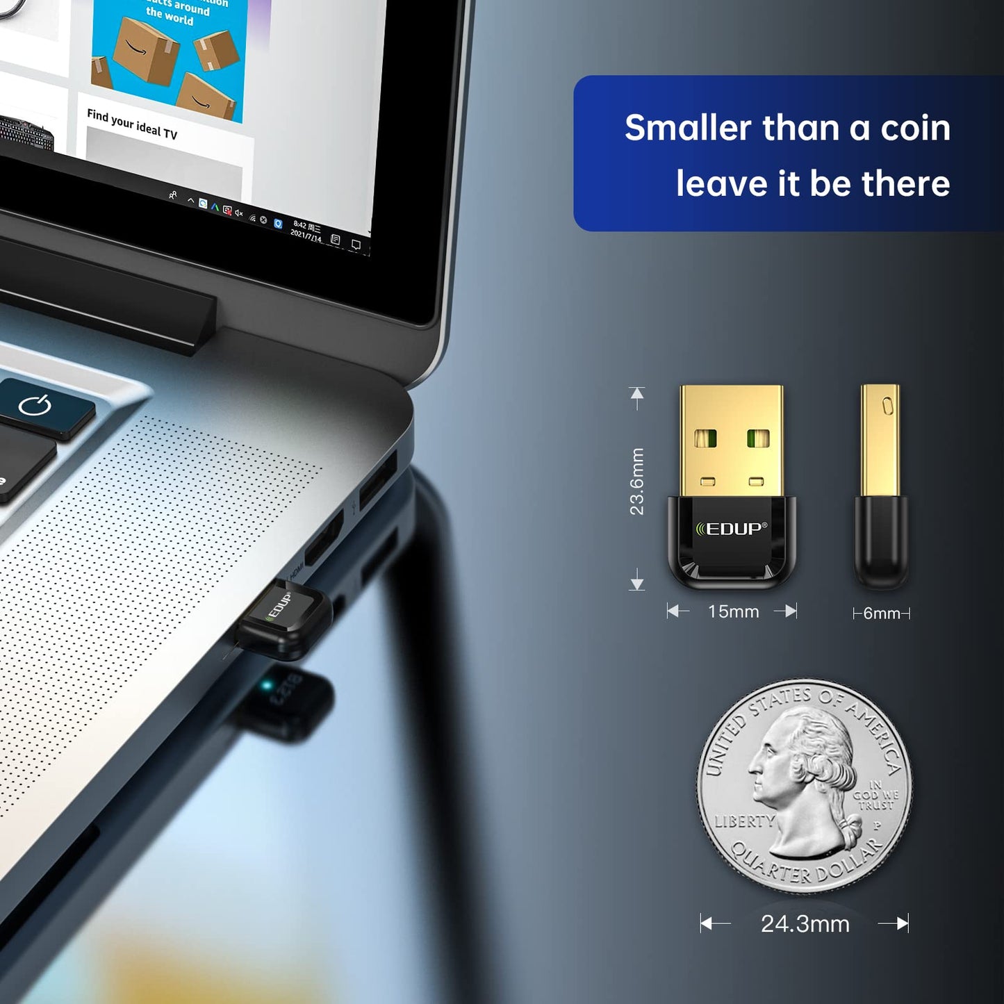 EDUP USB Bluetooth 5.3 Dongle - Supports Windows 11/10/8.1 with Plug and Play