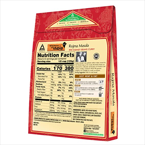 Kitchens Of India Ready To Eat Rajma Masala, Red Kidney Bean Currry- Pack of 6 X 285 g.