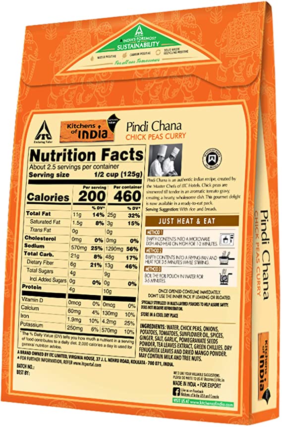 Kitchens Of India Ready To Eat Pindi Chana, Chick Pea Curry - Pack of 6 X 285 g.