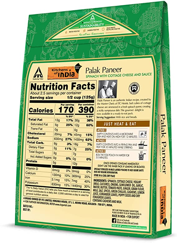 Kitchens Of India Ready To Eat Palak Paneer, Spinach and Paneer Cheese Curry- Pack of 6 X 285 g