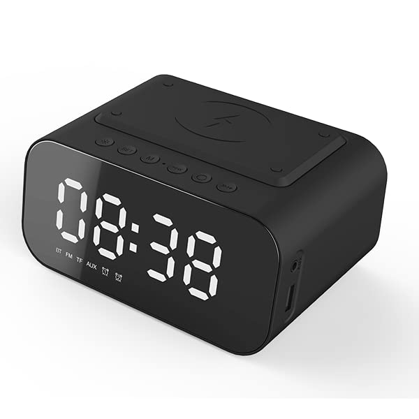 Digital Alarm Clock,Bluetooth Speaker,FM & 10W Fast Wireless Charger Station & USB C Charging Port with Aux Input,Temperature Display with Handsfree Call Functions,Black,BT510