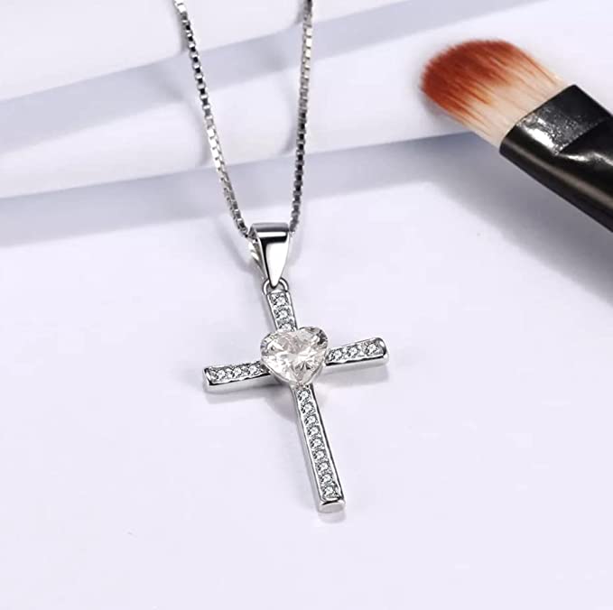 925 Sterling Silver Cross Pendant Necklace for Women -Cubic Zirconia at Center- Pendant with 1MM Box Chain, Sterling silver+AAA CZ+pearl