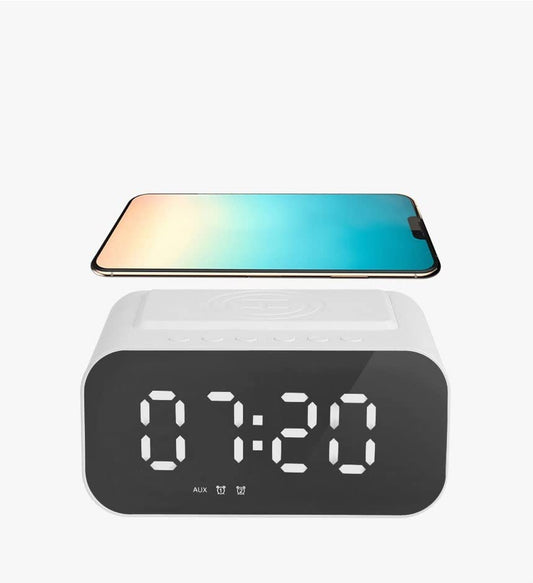 Digital Alarm Clock,Bluetooth Speaker,FM & 10W Fast Wireless Charger Station & USB C Charging Port with Aux Input,Temperature Display with Handsfree Call Functions,White,BT510