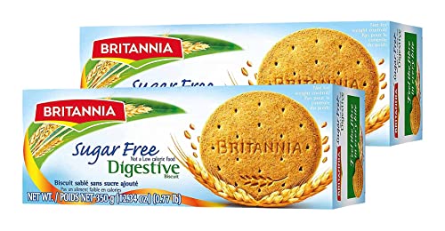 Britannia Digestive Sugar Free Biscuits 12.34oz (350g) - Whole Wheat Flavor Cookies - Breakfast & Tea Time Healthy Snacks - Suitable for Vegetarians (Pack of 2)