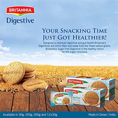 Britannia Digestive Sugar Free Biscuits 12.34oz (350g) - Whole Wheat Flavor Cookies - Breakfast & Tea Time Healthy Snacks - Suitable for Vegetarians (Pack of 2)