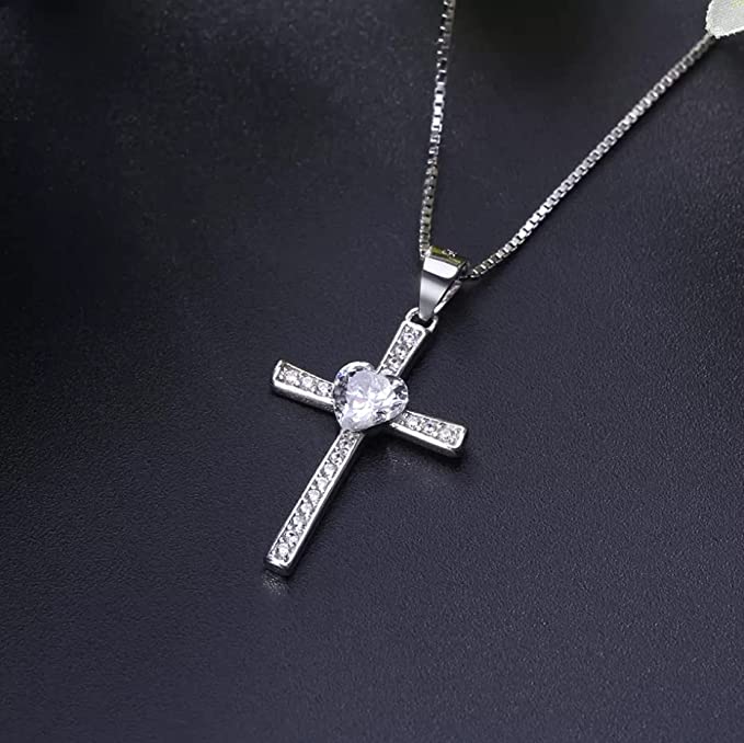 925 Sterling Silver Cross Pendant Necklace for Women -Cubic Zirconia at Center- Pendant with 1MM Box Chain, Sterling silver+AAA CZ+pearl