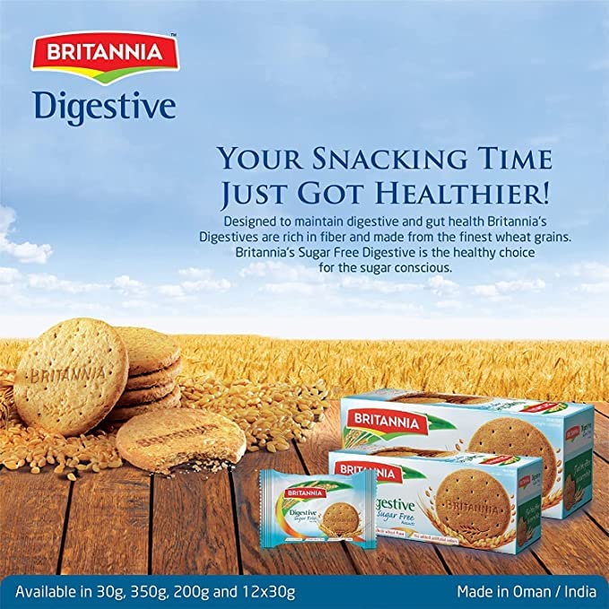 Britannia Digestive Sugar Free Biscuits 12.34oz (350g) - Whole Wheat Flavor Cookies - Breakfast & Tea Time Healthy Snacks - Pack 4