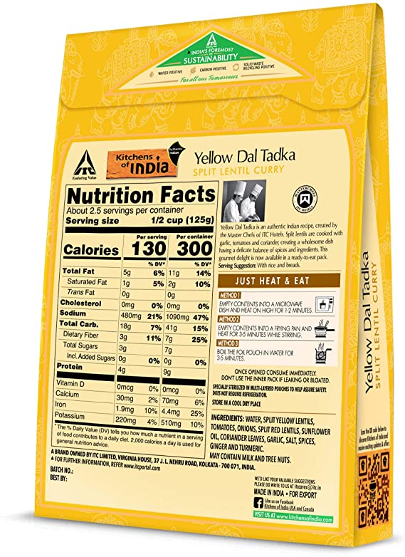 Kitchens of India Yellow Dal Tadka, Split Lentil Curry- Pack of 6 X 285 g.