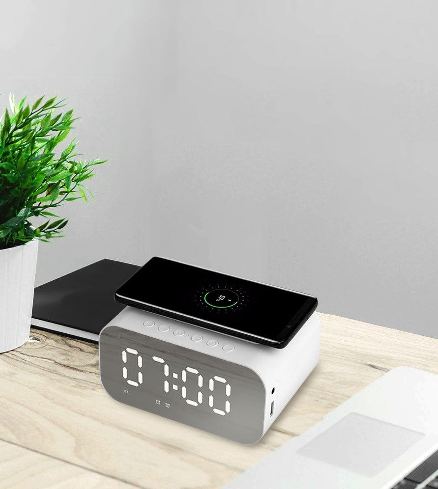 Digital Bluetooth Alarm Clock With FM, Call Functionality, and 10W Fast Wireless Charger Station