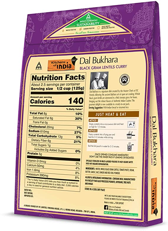 Kitchens Of India Ready To Eat Dal Bukhara, Black Gram Lentil Curry- Pack 6 X 285 g